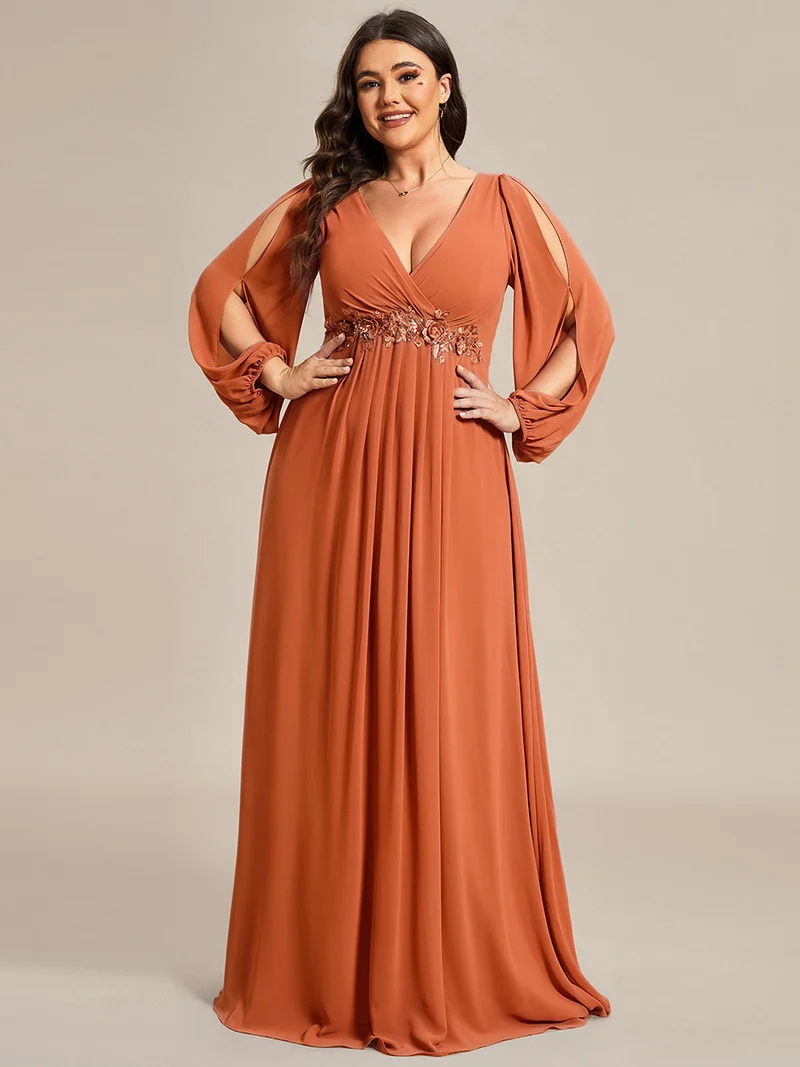 ever AMOUR|Robe de Soiree Longue Elegante Avec Lanterne en V Profond a Manches Fendues et Appliques