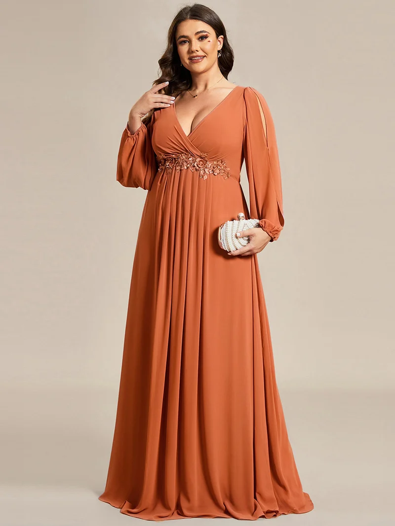 ever AMOUR|Robe de Soiree Longue Elegante Avec Lanterne en V Profond a Manches Fendues et Appliques