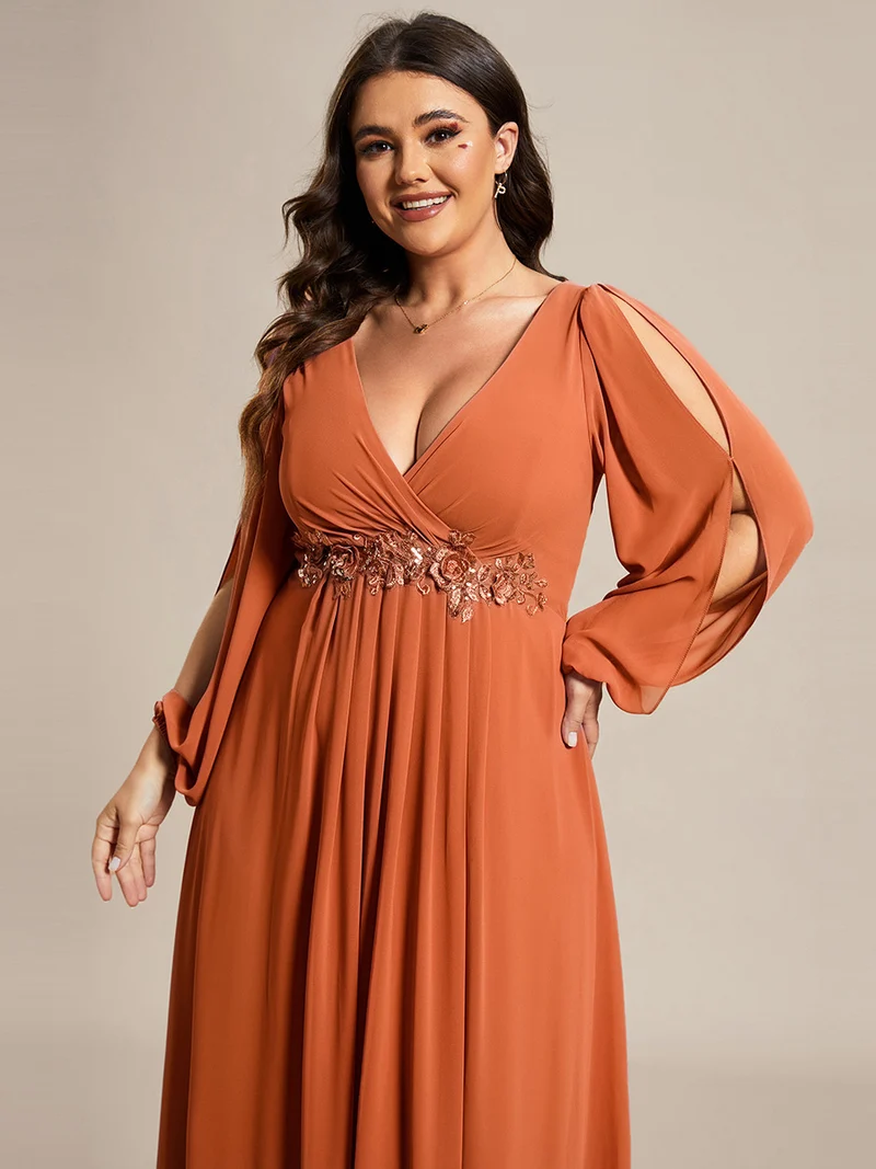 ever AMOUR|Robe de Soiree Longue Elegante Avec Lanterne en V Profond a Manches Fendues et Appliques