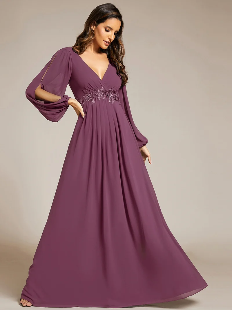 ever AMOUR|Robe de Soiree Longue Elegante Avec Lanterne en V Profond a Manches Fendues et Appliques