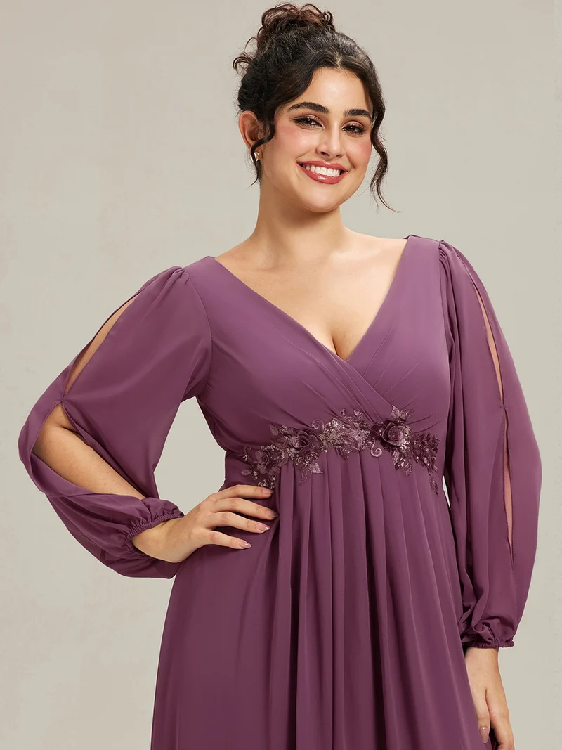 ever AMOUR|Robe de Soiree Longue Elegante Avec Lanterne en V Profond a Manches Fendues et Appliques
