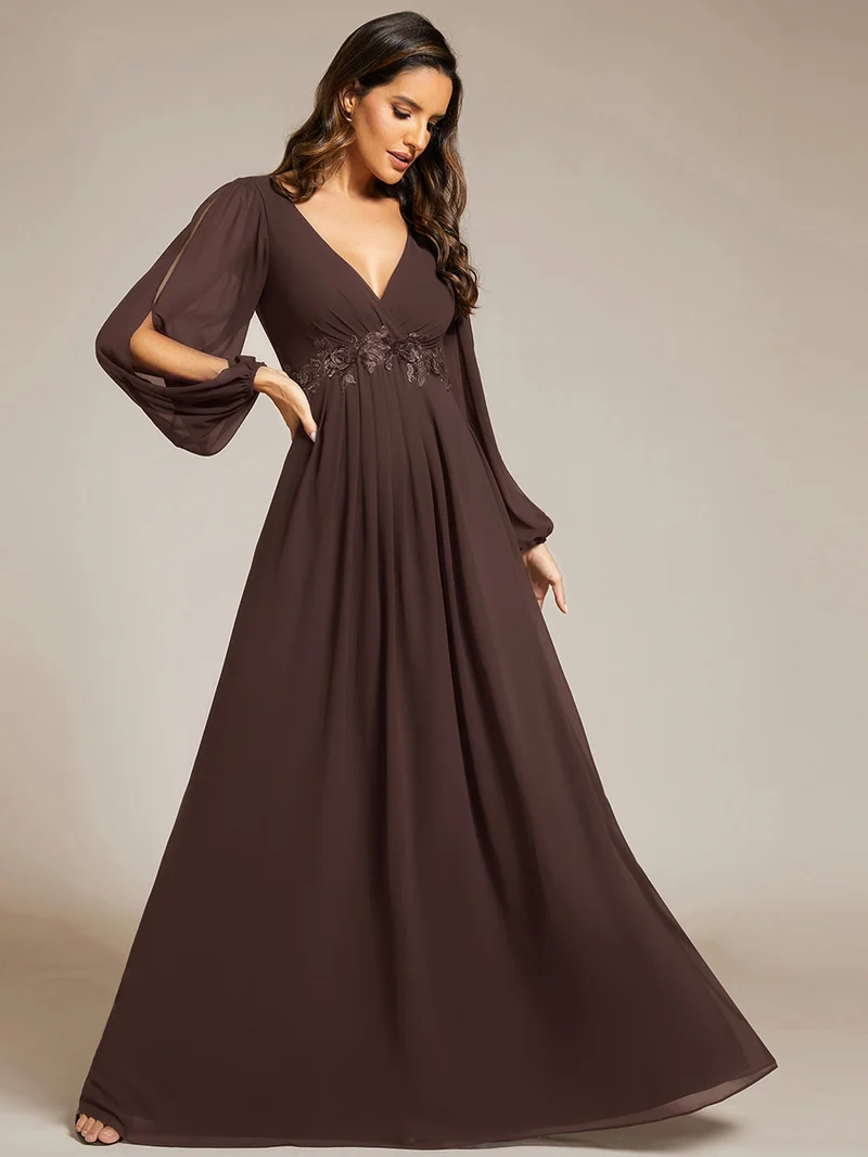 ever AMOUR|Robe de Soiree Longue Elegante Avec Lanterne en V Profond a Manches Fendues et Appliques