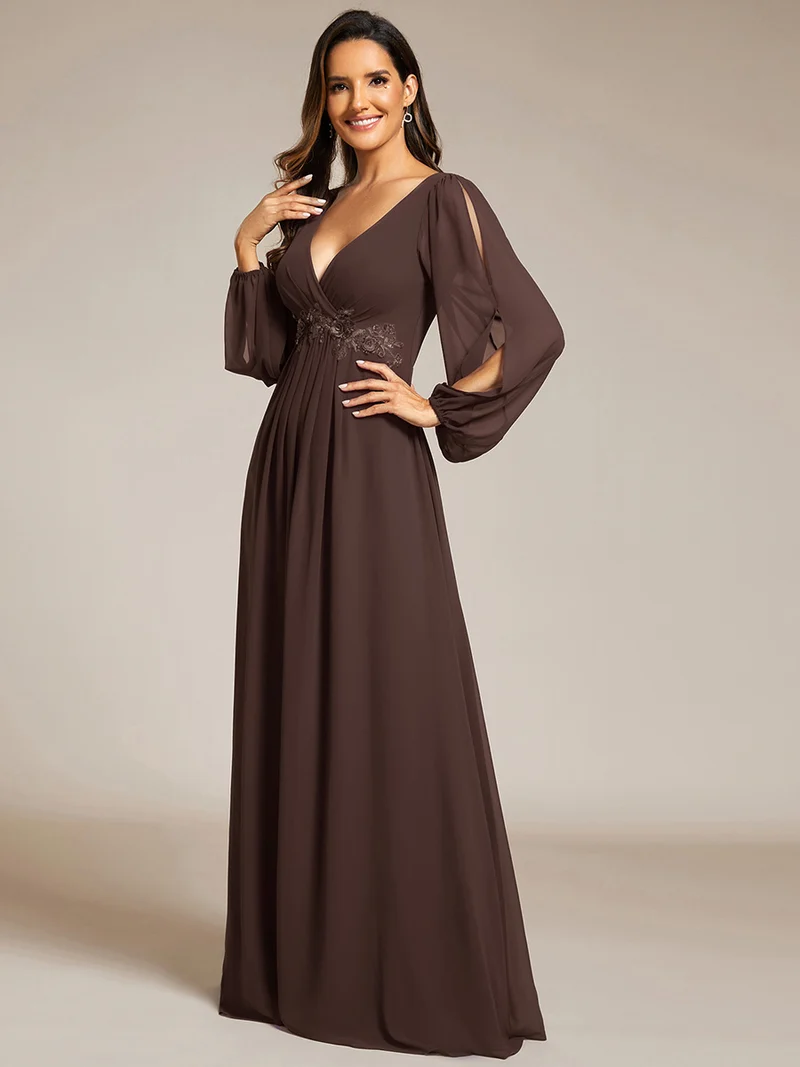 ever AMOUR|Robe de Soiree Longue Elegante Avec Lanterne en V Profond a Manches Fendues et Appliques