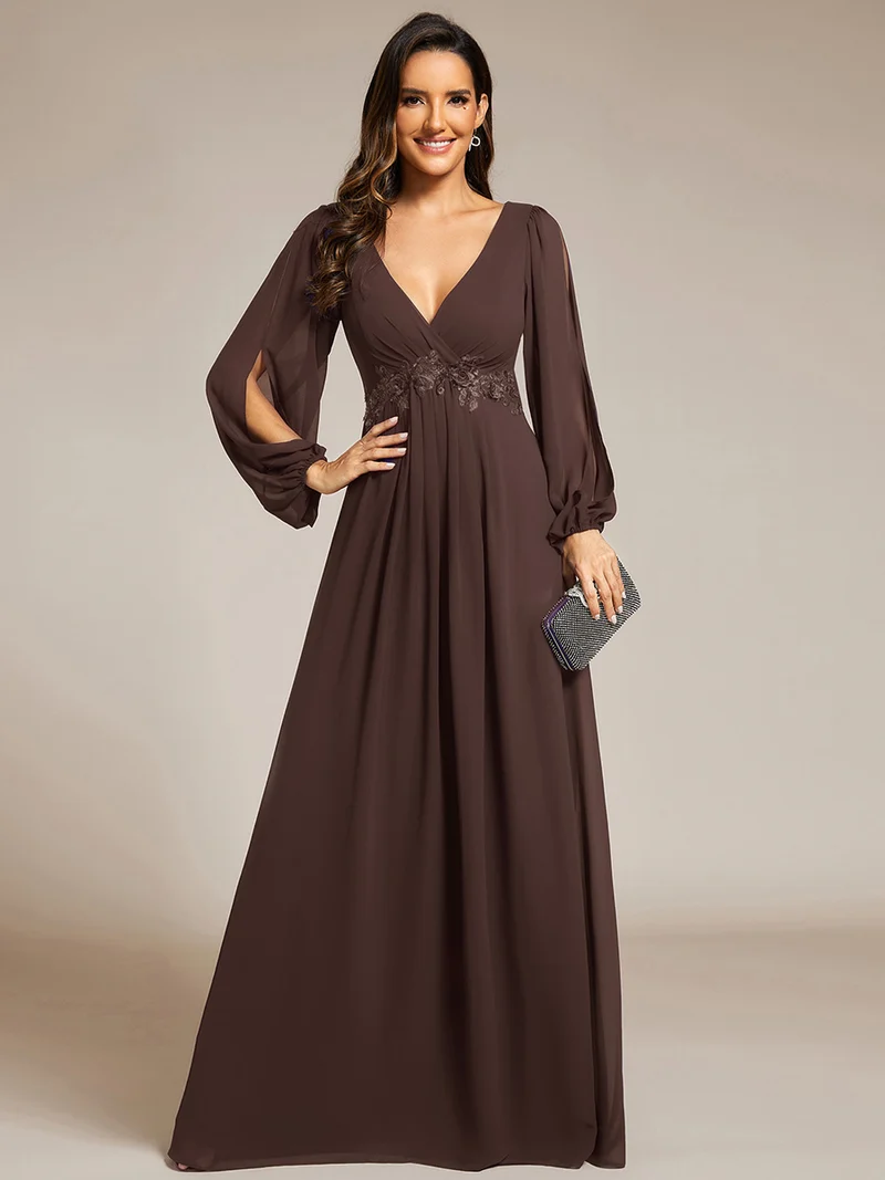 ever AMOUR|Robe de Soiree Longue Elegante Avec Lanterne en V Profond a Manches Fendues et Appliques