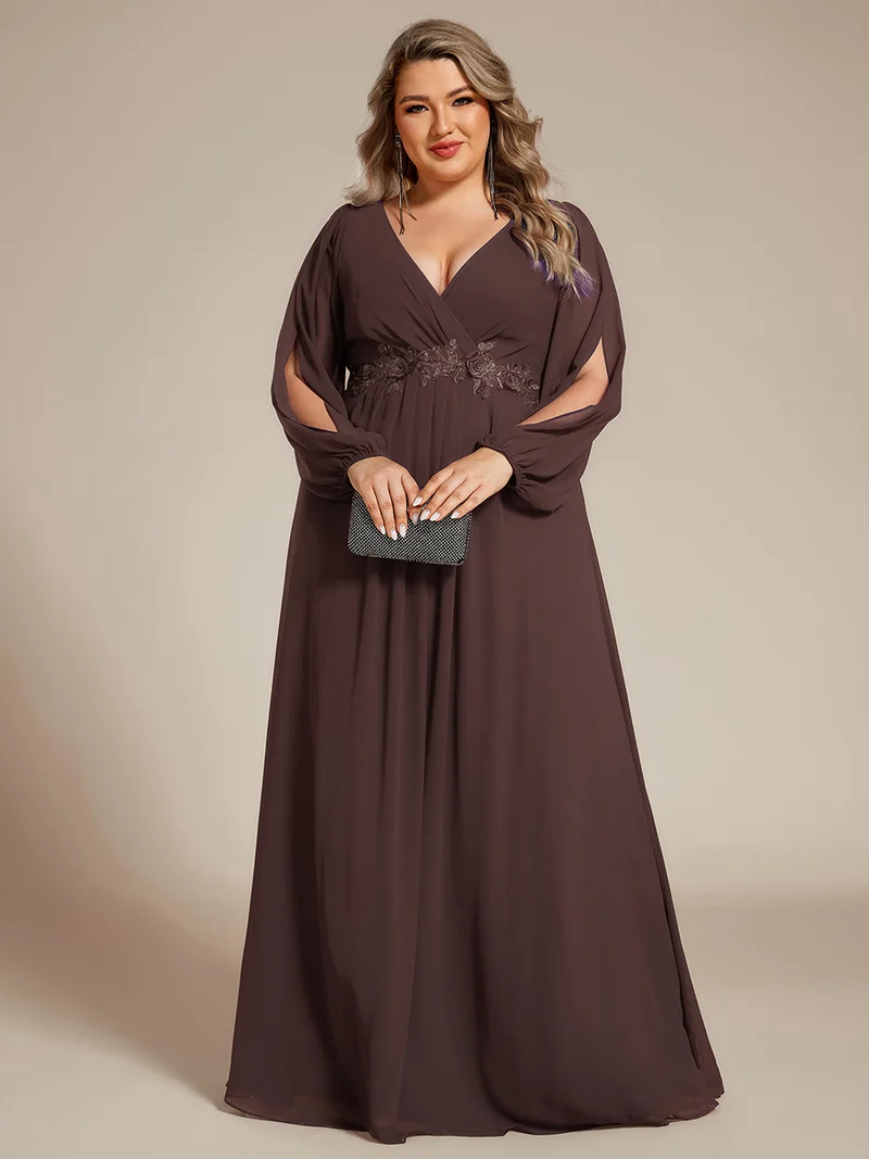 ever AMOUR|Robe de Soiree Longue Elegante Avec Lanterne en V Profond a Manches Fendues et Appliques