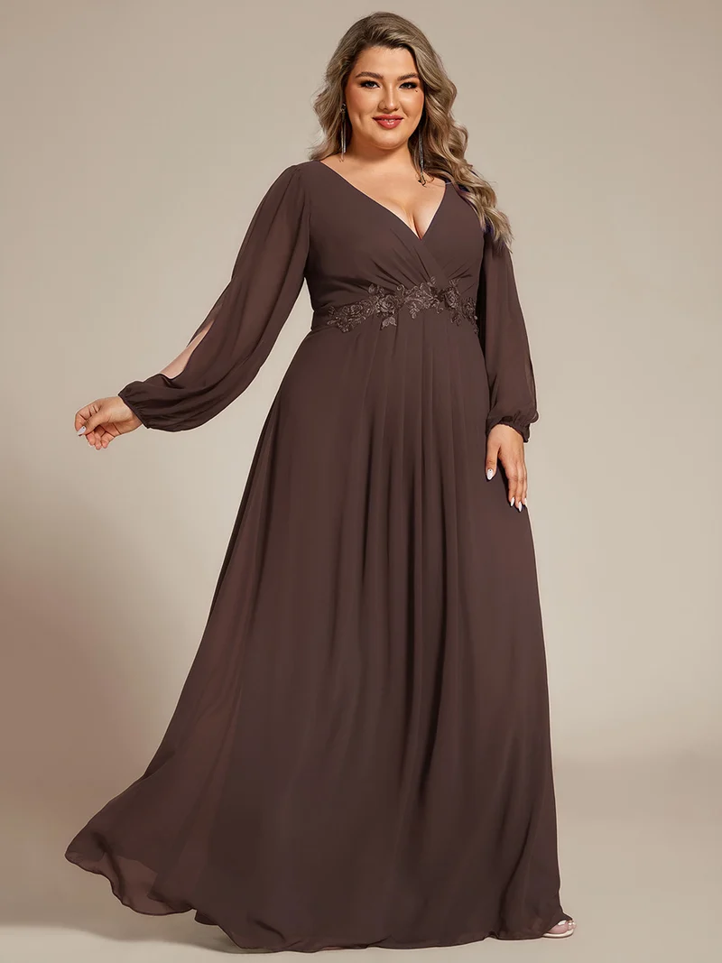 ever AMOUR|Robe de Soiree Longue Elegante Avec Lanterne en V Profond a Manches Fendues et Appliques