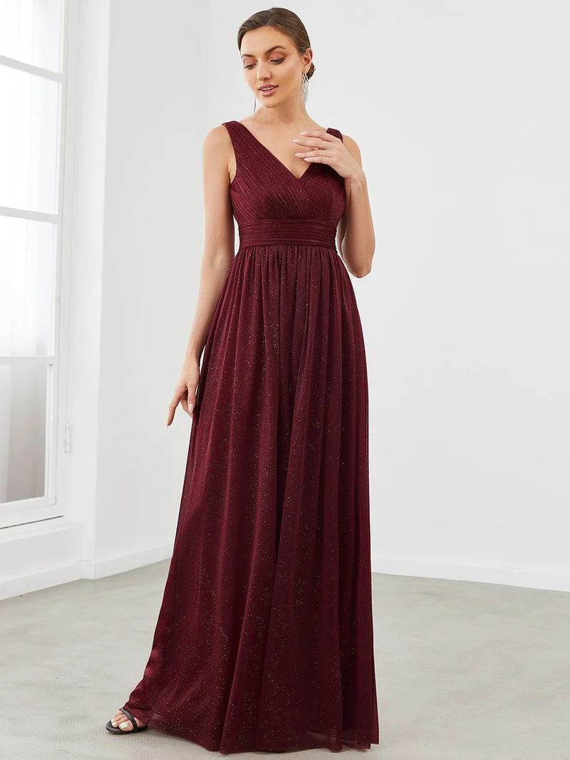 ever STERLING|Robes de soirée scintillantes de longueur de plancher de double col en V pour la fête