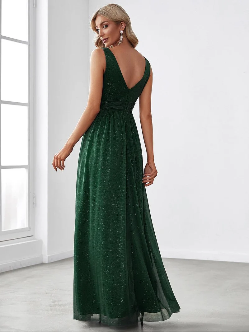 ever STERLING|Robes de soirée scintillantes de longueur de plancher de double col en V pour la fête