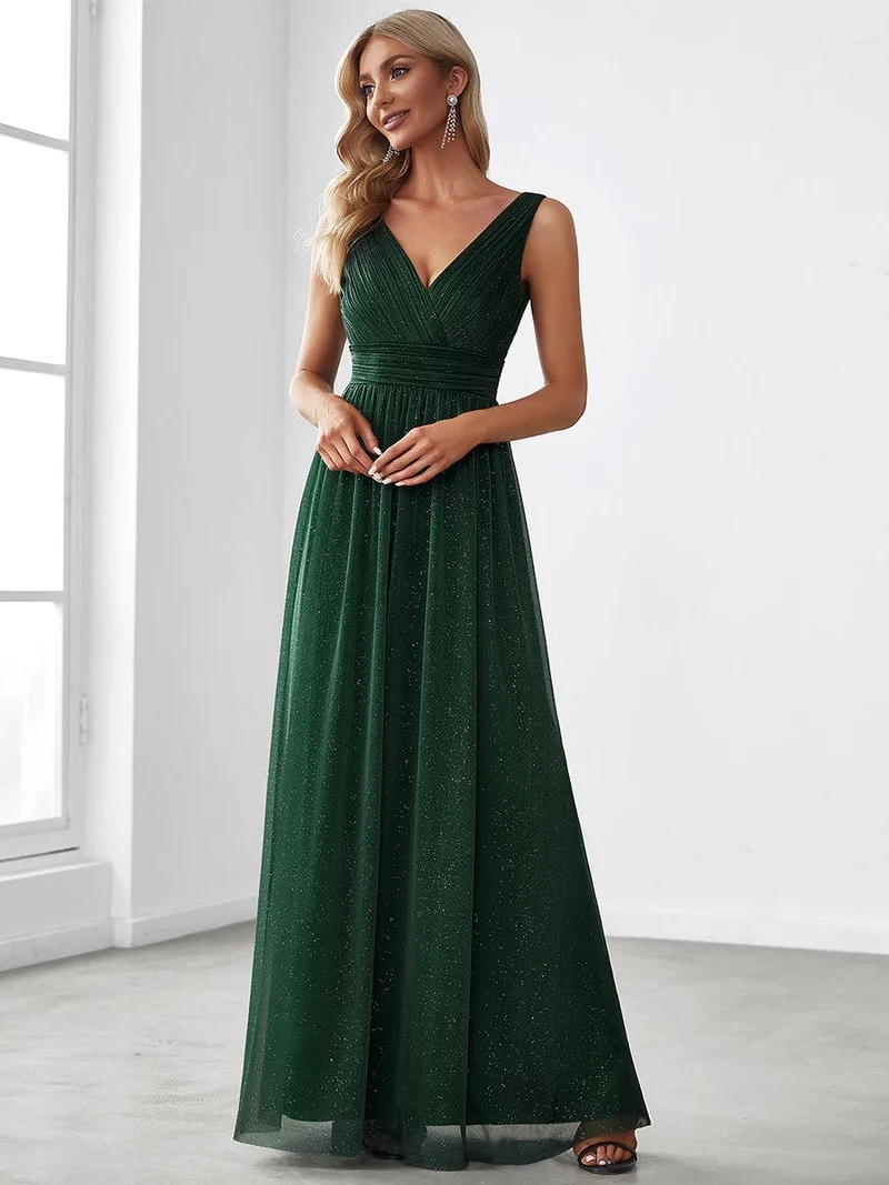 ever STERLING|Robes de soirée scintillantes de longueur de plancher de double col en V pour la fête