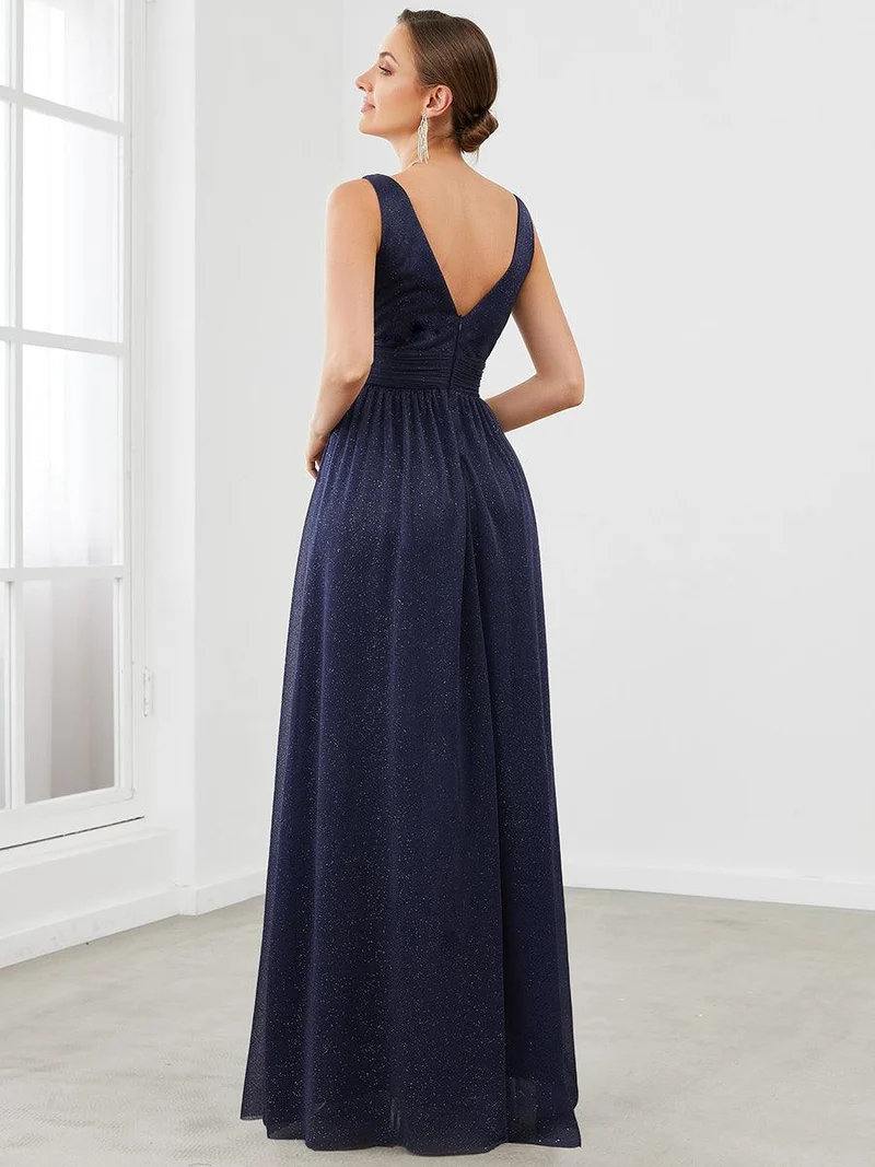 ever STERLING|Robes de soirée scintillantes de longueur de plancher de double col en V pour la fête