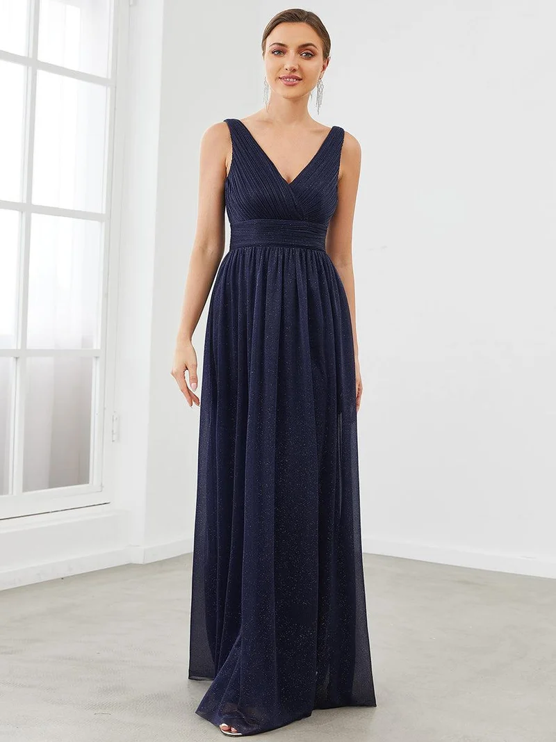 ever STERLING|Robes de soirée scintillantes de longueur de plancher de double col en V pour la fête