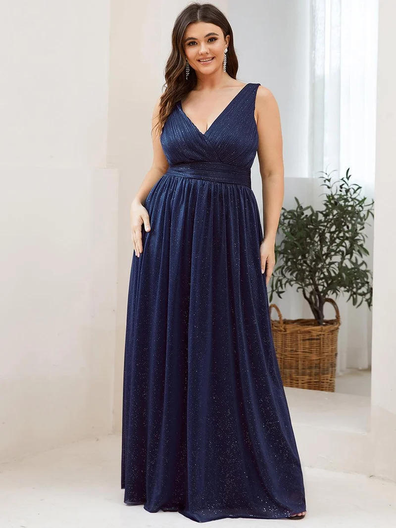 ever STERLING|Robes de soirée scintillantes de longueur de plancher de double col en V pour la fête