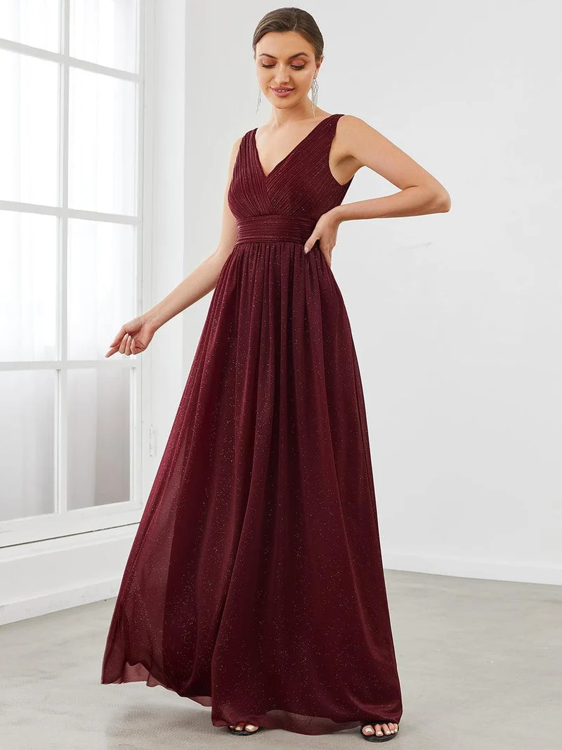 ever STERLING|Robes de soirée scintillantes de longueur de plancher de double col en V pour la fête