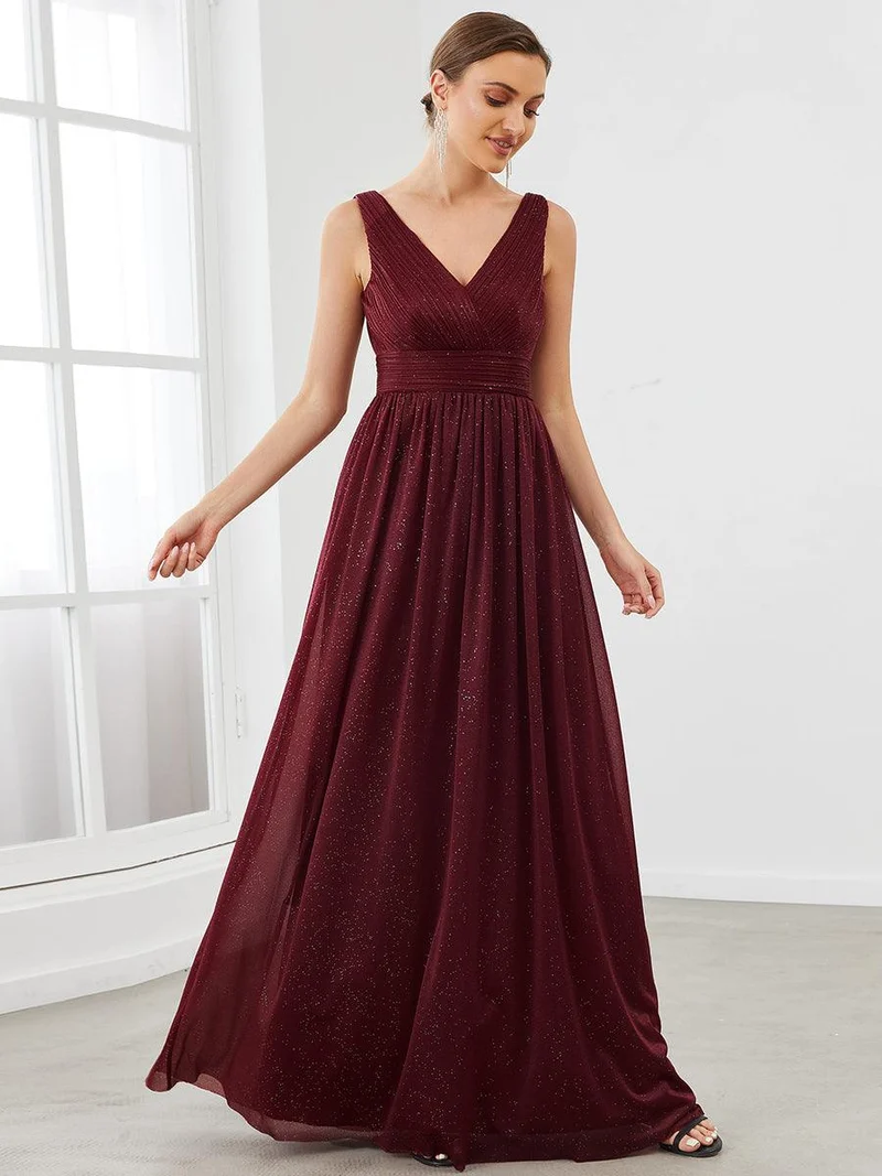 ever STERLING|Robes de soirée scintillantes de longueur de plancher de double col en V pour la fête