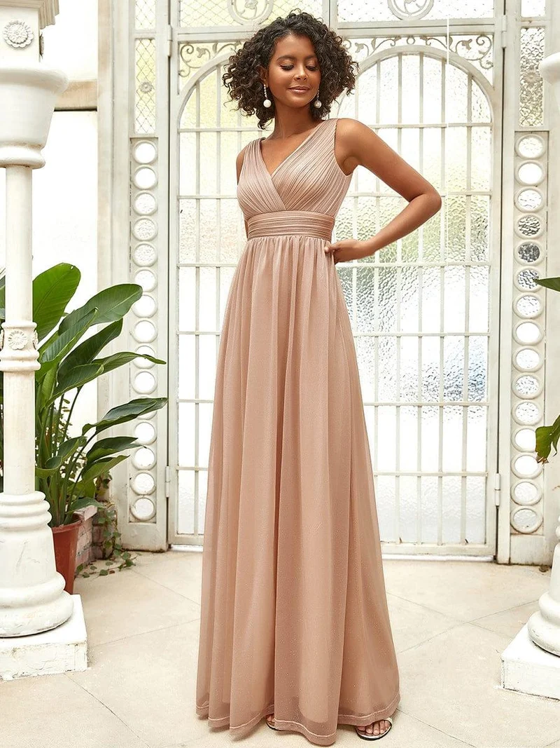 ever STERLING|Robes de soirée scintillantes de longueur de plancher de double col en V pour la fête