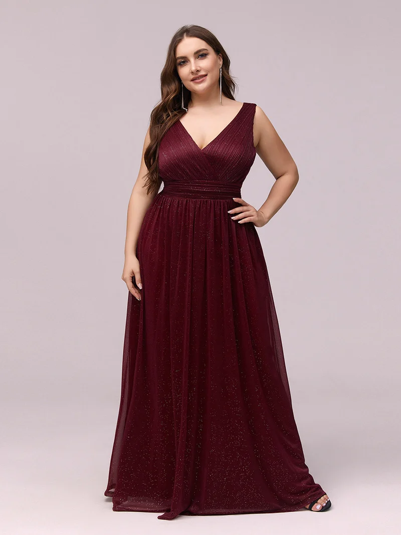 ever STERLING|Robes de soirée scintillantes de longueur de plancher de double col en V pour la fête