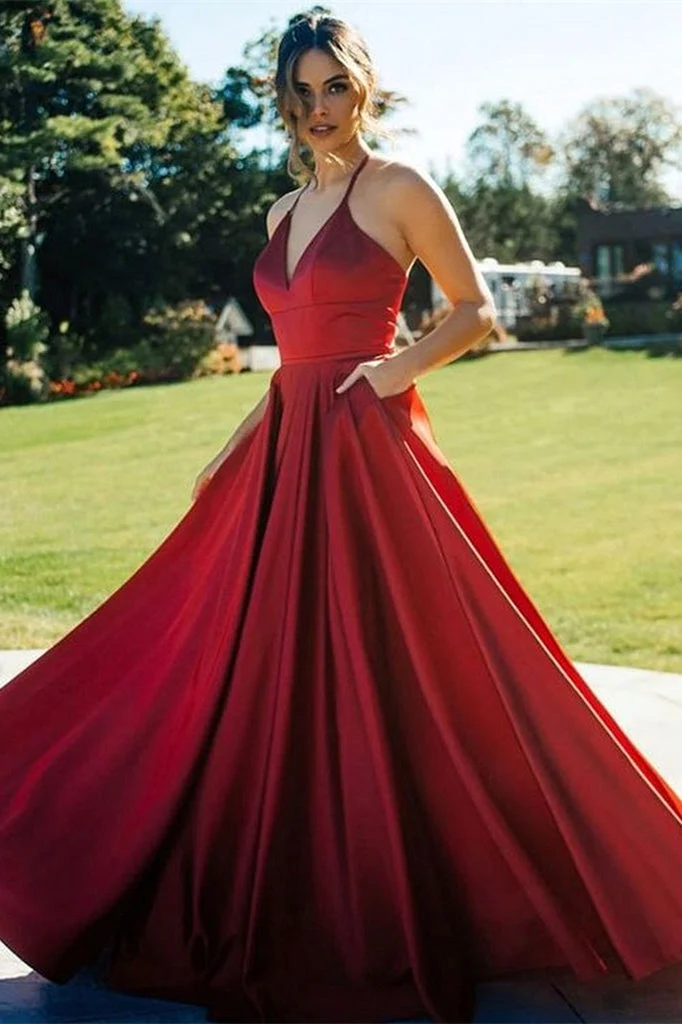 Robe de soirée rouge élégante à col en V avec poches et jupe fluide