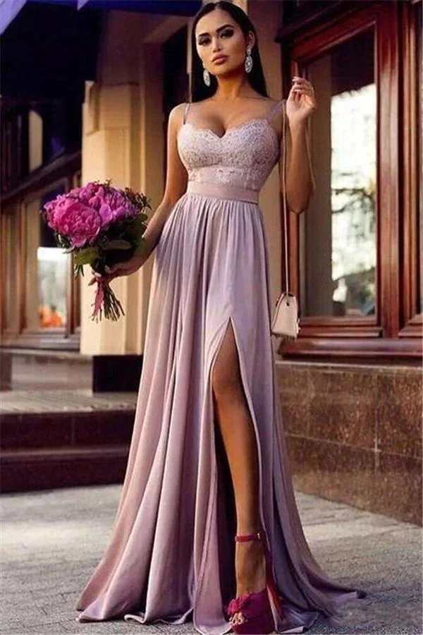 Robe de bal élégante en dentelle rose à bretelles spaghetti, en mousseline fluide, décolleté en cœur, robe longue