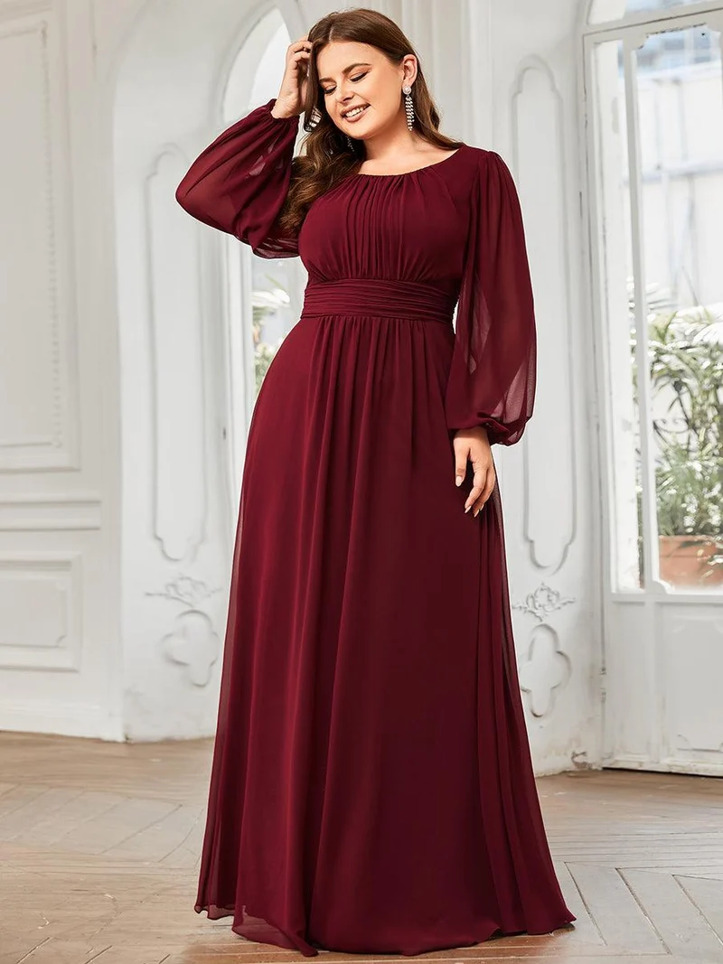 pretty CELESTE|Robe de demoiselle d'honneur plissée à manches longues transparente de grande taille