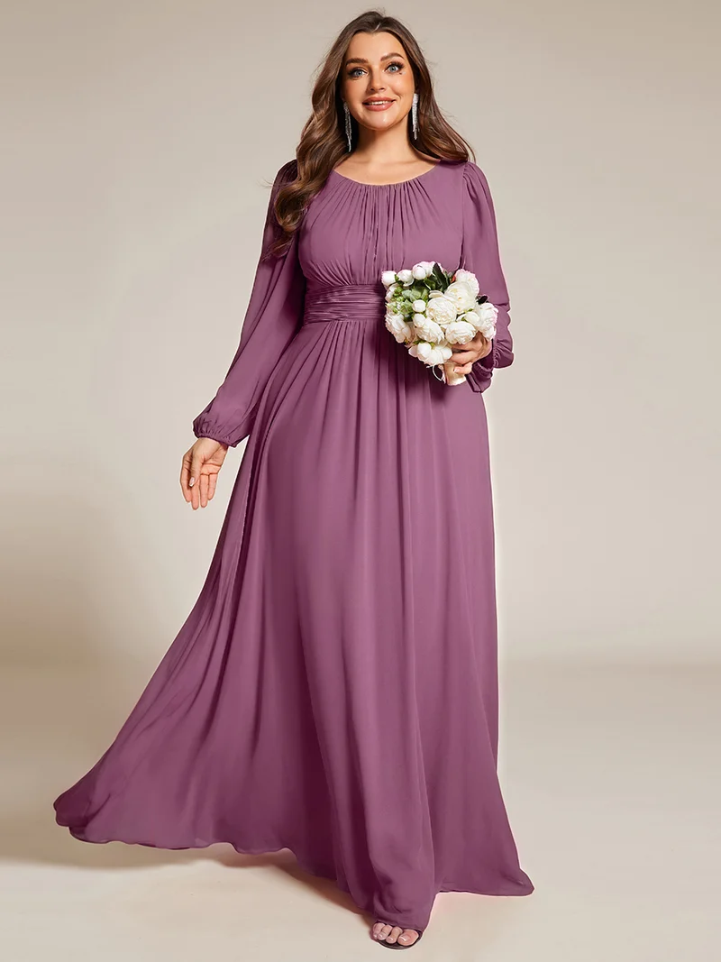 pretty CELESTE|Robe de demoiselle d'honneur plissée à manches longues transparente de grande taille