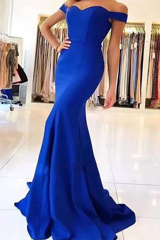 Robe de soirée sirène bleu roi élégante à épaules dénudées pour occasions spéciales