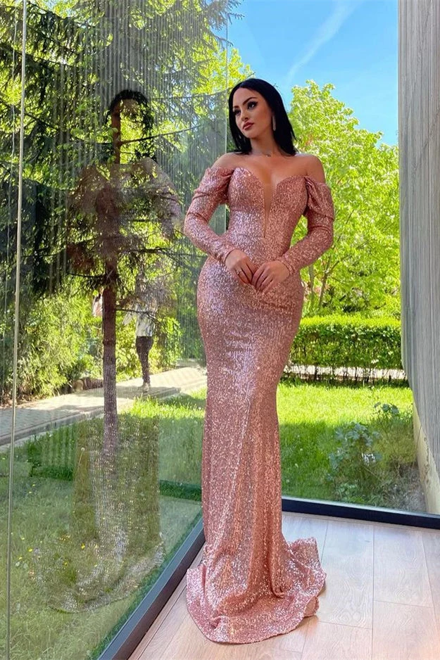 Robe de bal sirène élégante à manches longues et col en V avec paillettes et fente
