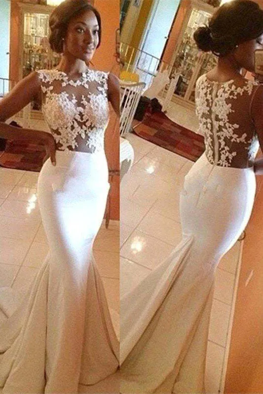Robe de bal sirène blanche élégante sans manches avec appliqués délicats et dos illusion