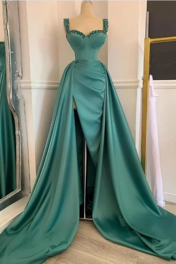 Robe de bal sirène élégante à bretelles et perles avec fente pour occasions spéciales
