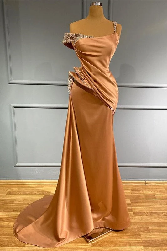 Robe de soirée sirène élégante à volants et épaules dénudées avec détails perlés