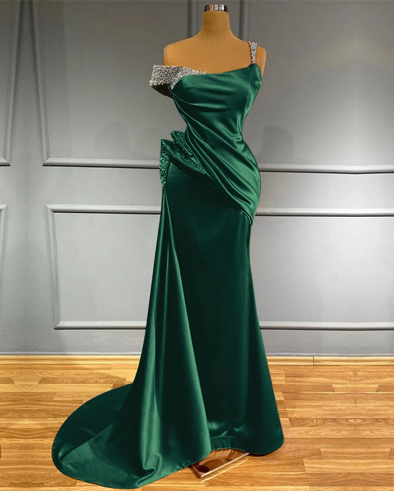 Robe de soirée sirène élégante à volants et épaules dénudées avec détails perlés