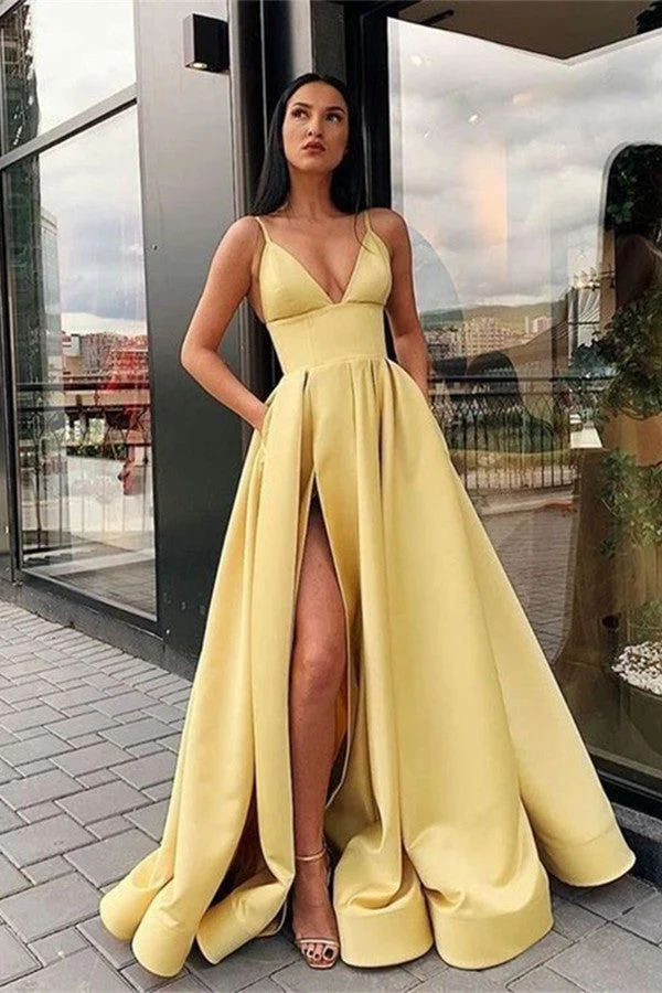 Robe de bal élégante à col en V avec fente haute, poches et jupe trapèze fluide