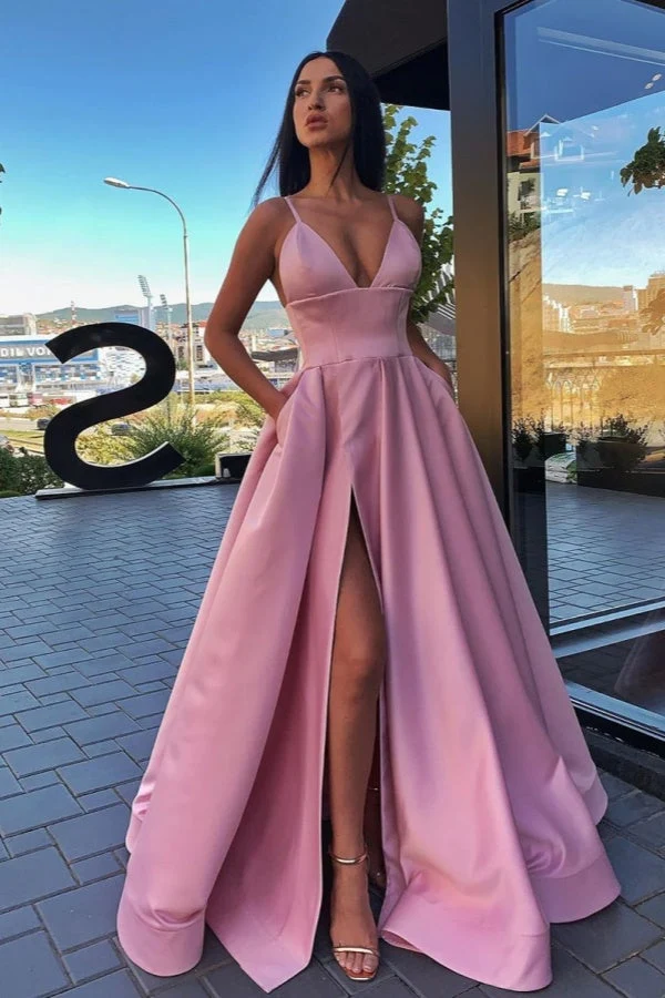 Robe de bal élégante à col en V avec fente haute, poches et jupe trapèze fluide