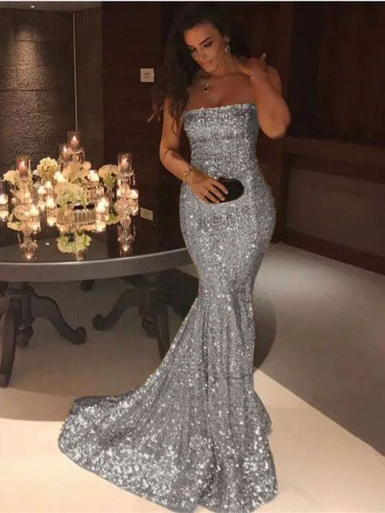 Robe de soirée sirène élégante sans bretelles à sequins : robe de bal éblouissante