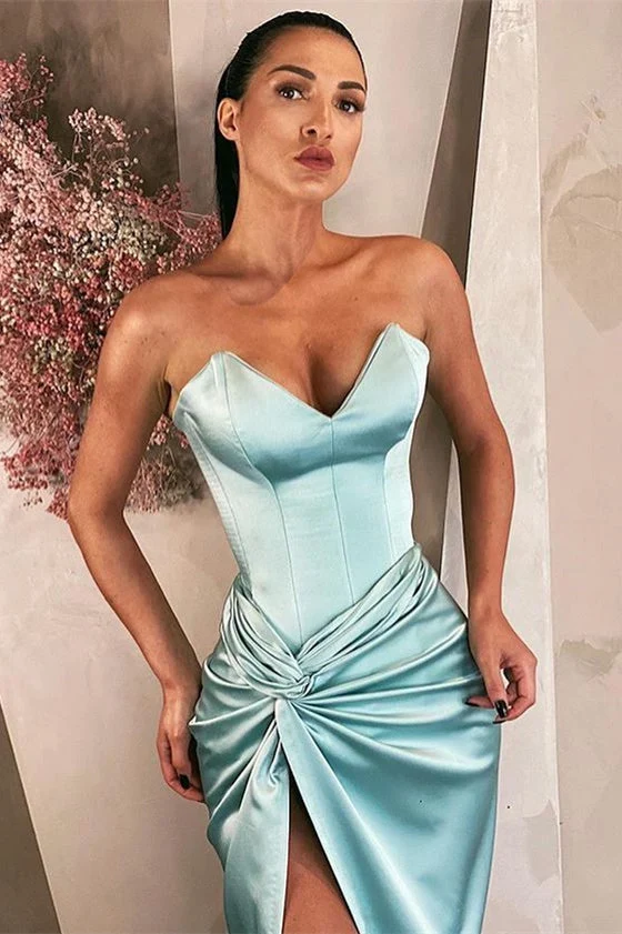 Robe de bal longue bleu ciel élégante à col en V et fente jusqu'aux cuisses pour femme