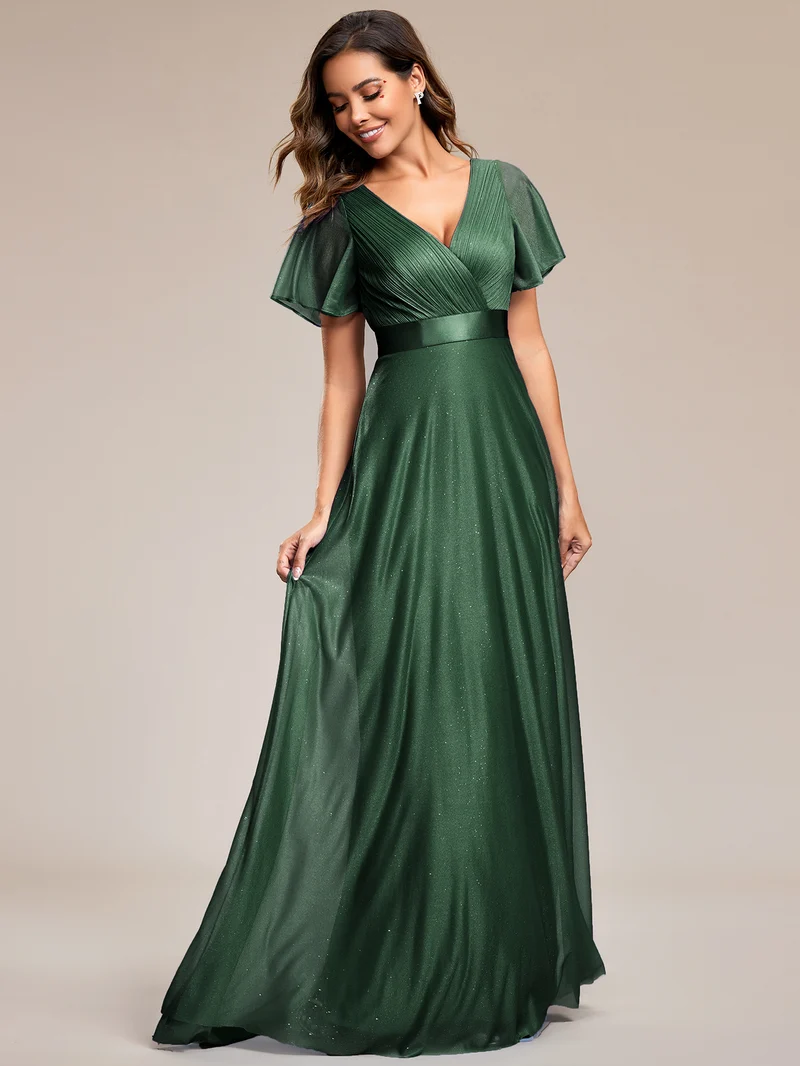 ever LIORÉ|Robe de soirée longue scintillante à col en V et à manches flottantes