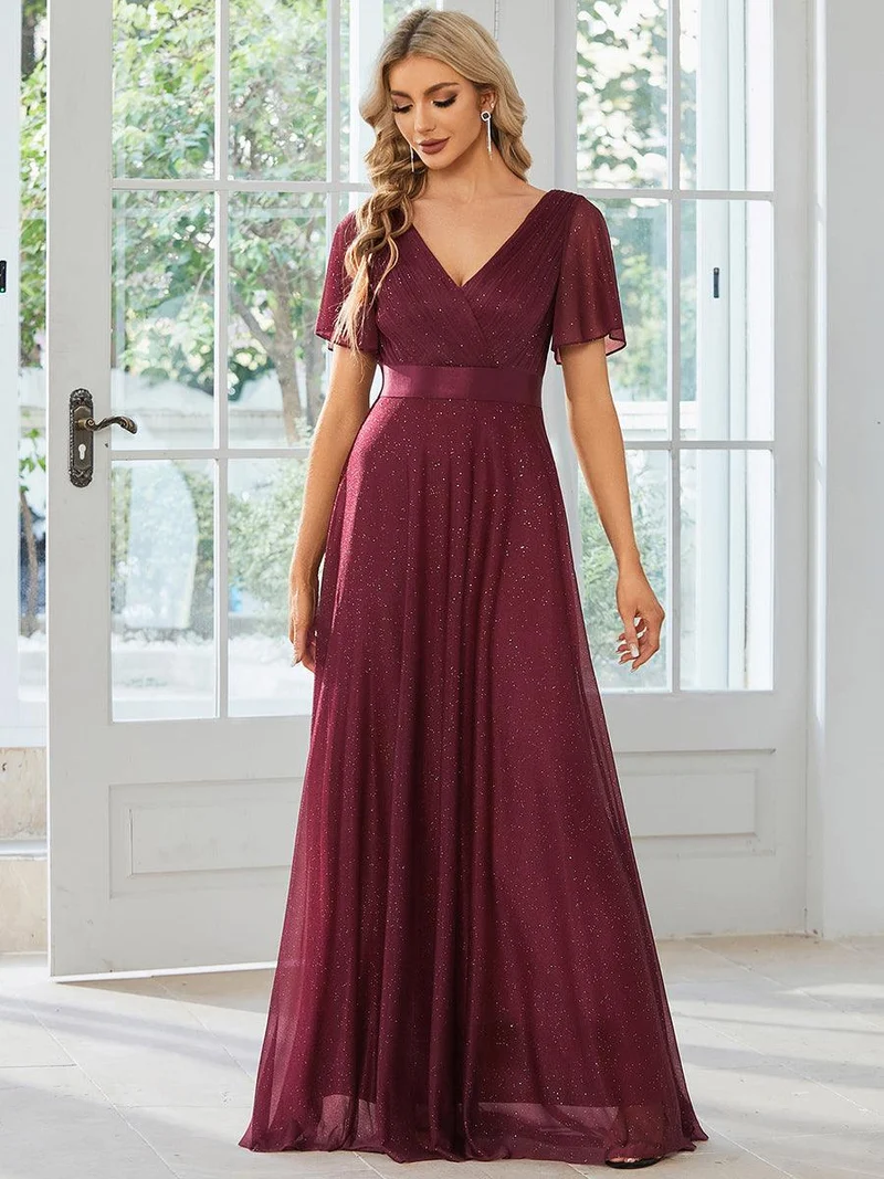 ever LIORÉ|Robe de soirée longue scintillante à col en V et à manches flottantes