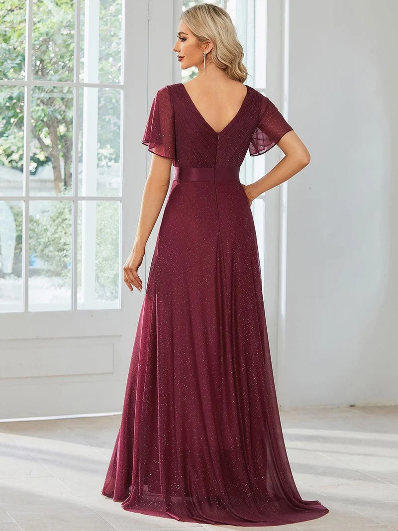ever LIORÉ|Robe de soirée longue scintillante à col en V et à manches flottantes