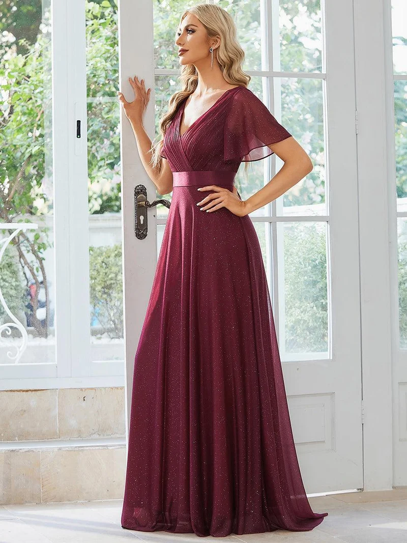 ever LIORÉ|Robe de soirée longue scintillante à col en V et à manches flottantes