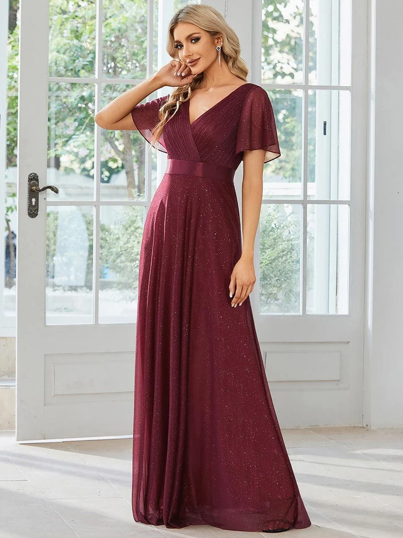 ever LIORÉ|Robe de soirée longue scintillante à col en V et à manches flottantes