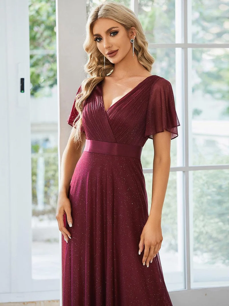 ever LIORÉ|Robe de soirée longue scintillante à col en V et à manches flottantes
