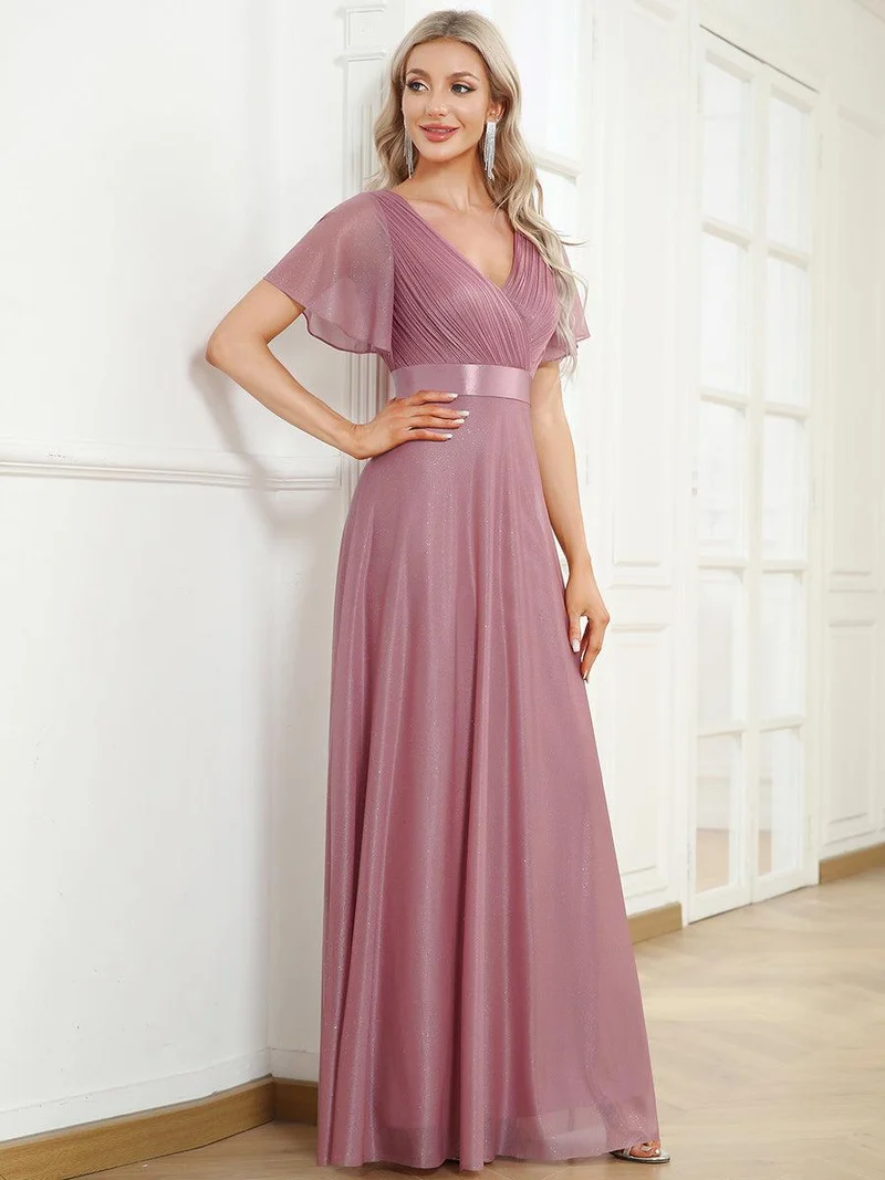 ever LIORÉ|Robe de soirée longue scintillante à col en V et à manches flottantes