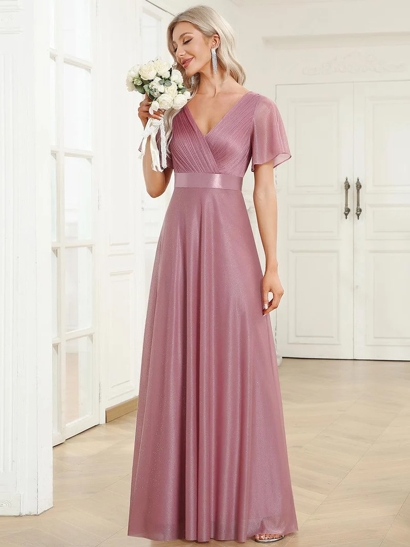 ever LIORÉ|Robe de soirée longue scintillante à col en V et à manches flottantes