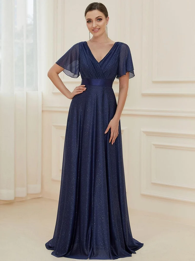 ever LIORÉ|Robe de soirée longue scintillante à col en V et à manches flottantes