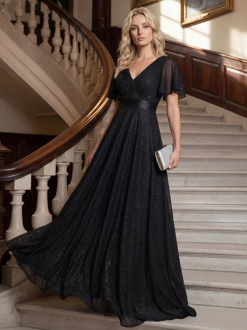 ever LIORÉ|Robe de soirée longue scintillante à col en V et à manches flottantes