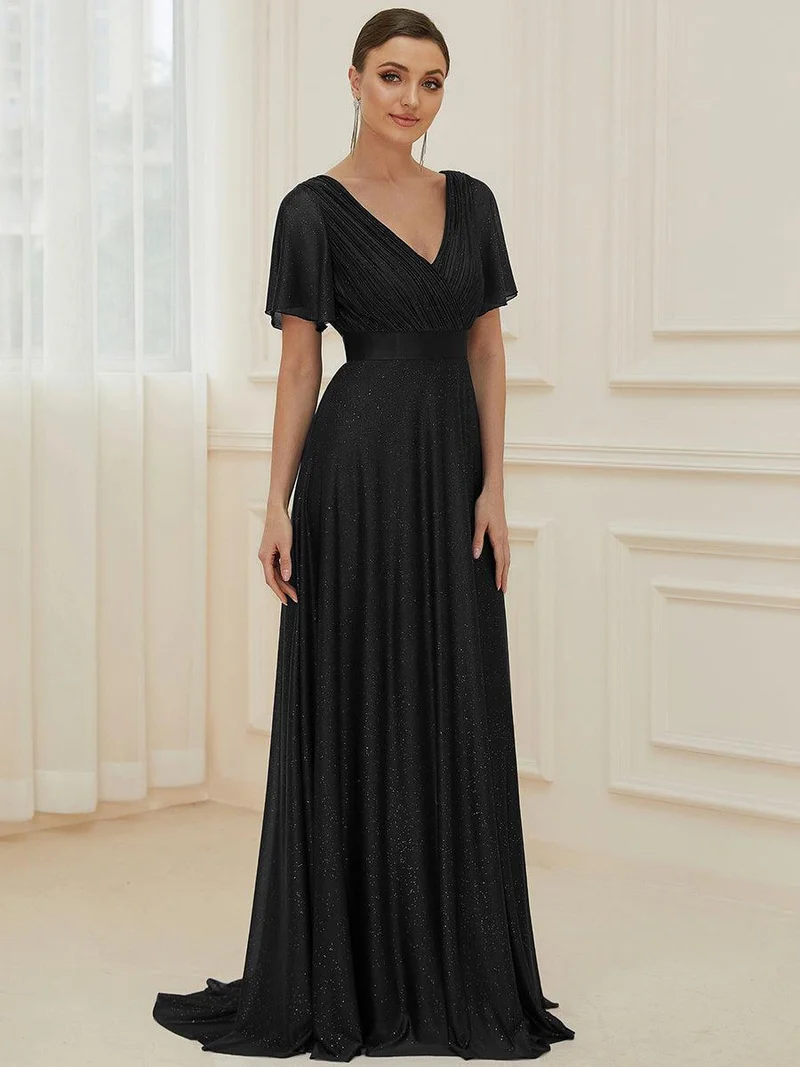ever LIORÉ|Robe de soirée longue scintillante à col en V et à manches flottantes