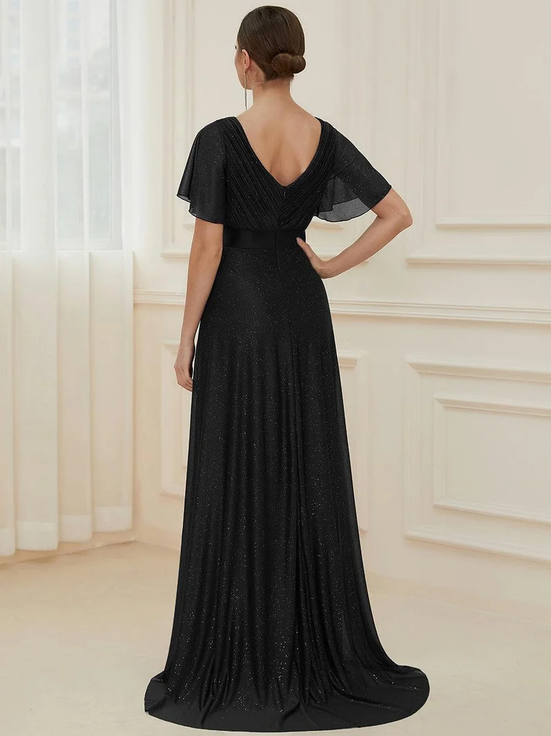 ever LIORÉ|Robe de soirée longue scintillante à col en V et à manches flottantes