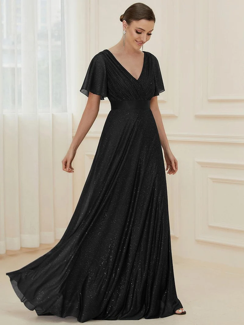 ever LIORÉ|Robe de soirée longue scintillante à col en V et à manches flottantes