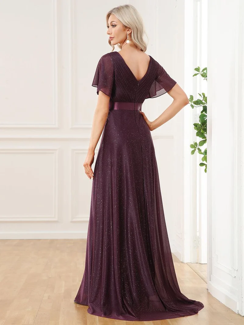 ever LIORÉ|Robe de soirée longue scintillante à col en V et à manches flottantes