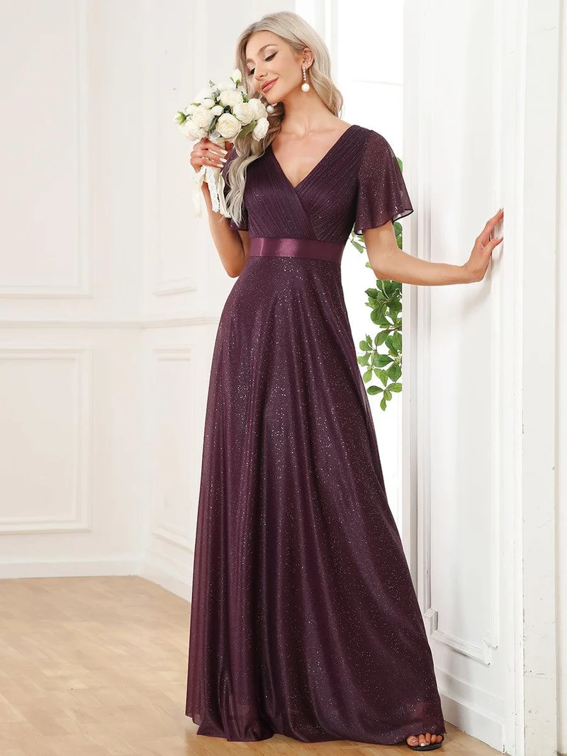 ever LIORÉ|Robe de soirée longue scintillante à col en V et à manches flottantes