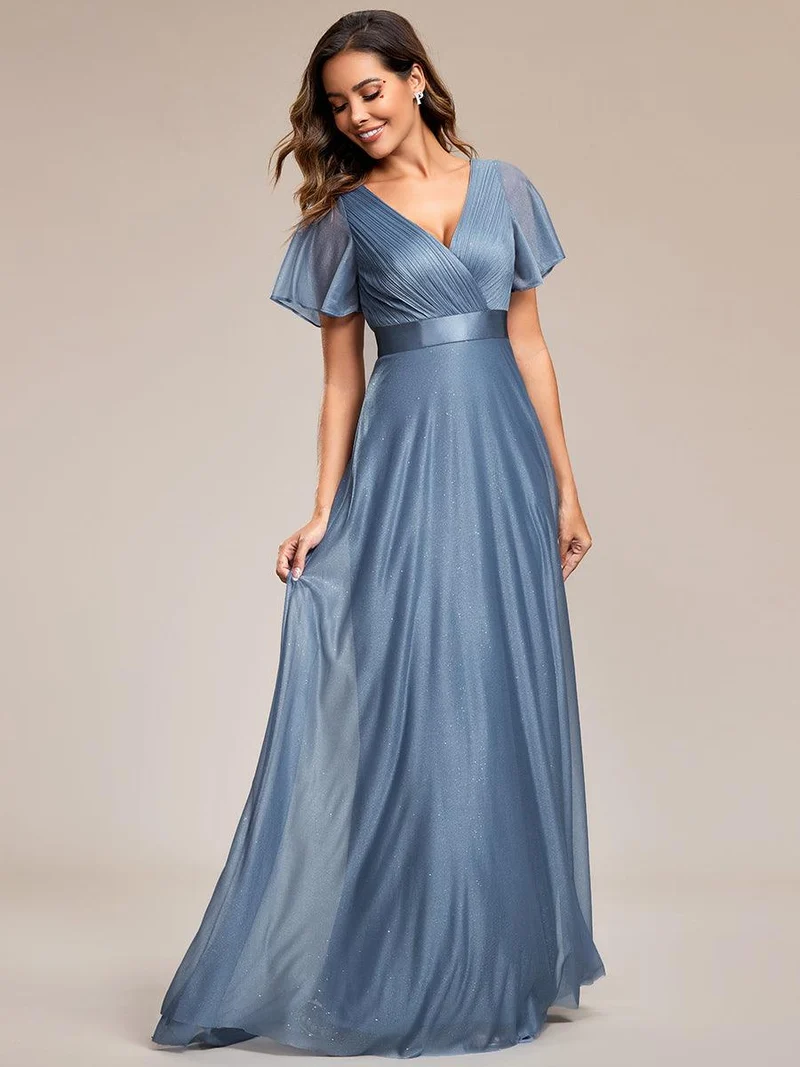 ever LIORÉ|Robe de soirée longue scintillante à col en V et à manches flottantes
